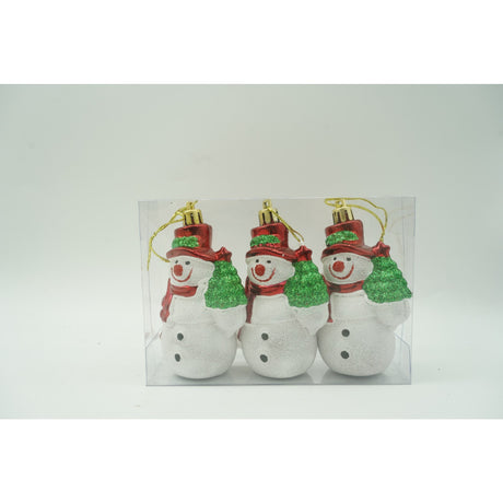 3 db-os karácsonyfadísz készlet, hóember stílusú, /piros, műanyag, csillámos bevonattal, doboz 4 cm mélység x 6 cm magasság x 9 cm hosszú