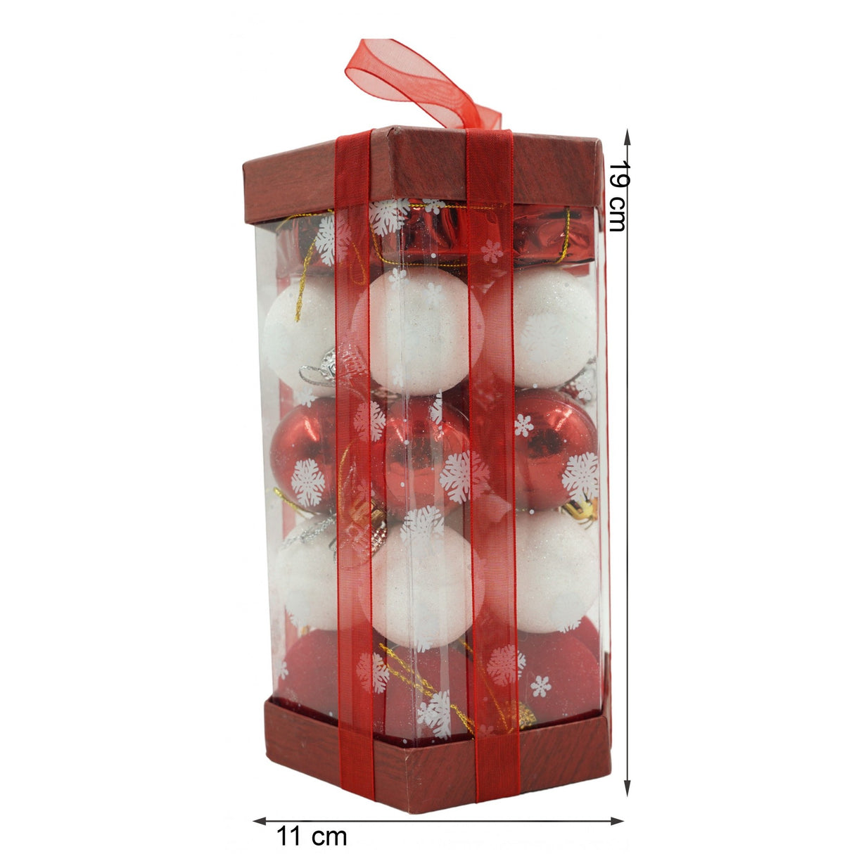 35 darabos karácsonyi díszkészlet, gömb alakú, / piros, polisztirol, csillámos bevonattal, doboz 11 cm mélység x 19 cm magasság x 11 cm hosszú)