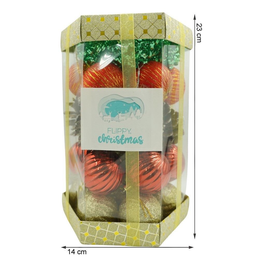 35 darabos karácsonyi díszkészlet, gömb alakú, polisztirol, csillámos bevonattal, doboz 14 cm mélység x 23 cm magasság x 14 cm hosszú)