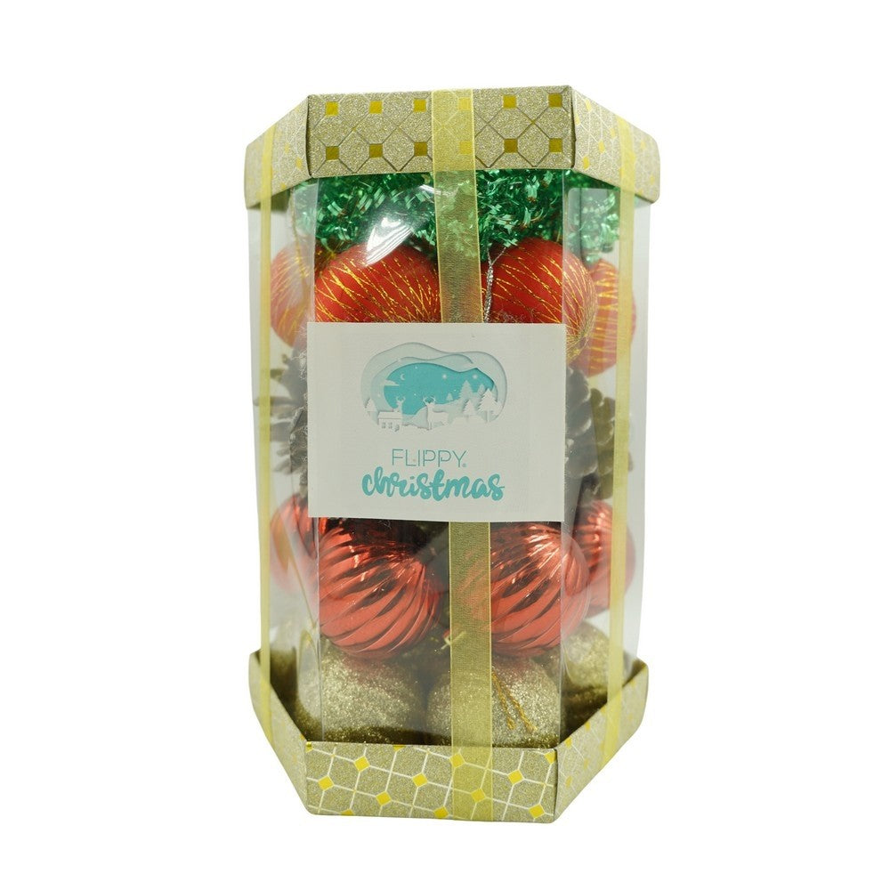 35 darabos karácsonyi díszkészlet, gömb alakú, polisztirol, csillámos bevonattal, doboz 14 cm mélység x 23 cm magasság x 14 cm hosszú)