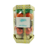 35 darabos karácsonyi díszkészlet, gömb alakú, polisztirol, csillámos bevonattal, doboz 14 cm mélység x 23 cm magasság x 14 cm hosszú)