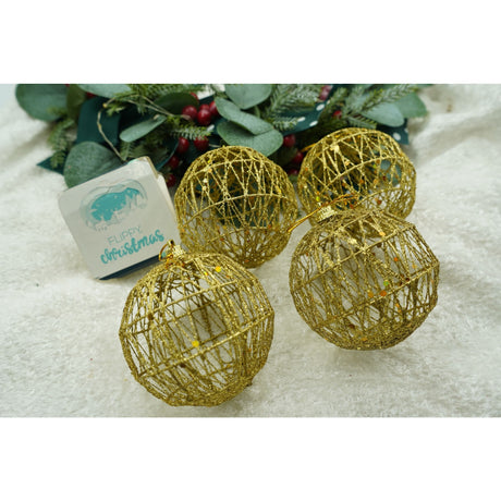 4 db-os karácsonyi díszkészlet, gömb alakú, 8 cm átmérőjű, fém, fényes felülettel, doboz 8 cm mélység x 32 cm hosszúság x 8 cm magasság