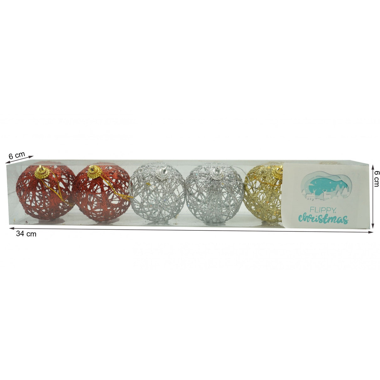 6 db-os karácsonyi díszkészlet, gömb alakú, 6 cm átmérőjű, fém, fényes felülettel, doboz méretei: 6 cm mélység x 34 cm hosszúság x 6 cm magasság