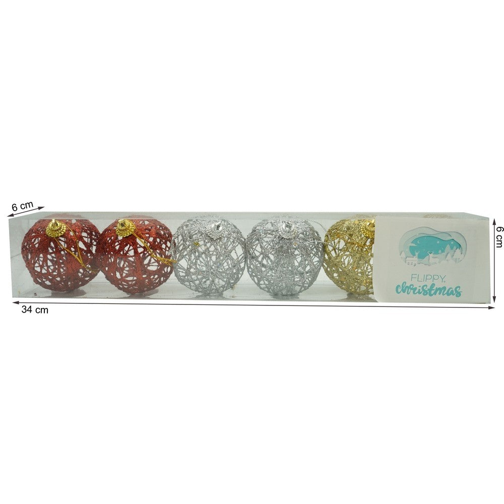 6 db-os karácsonyi díszkészlet, gömb alakú, 6 cm átmérőjű, fém, fényes felülettel, doboz méretei: 6 cm mélység x 34 cm hosszúság x 6 cm magasság