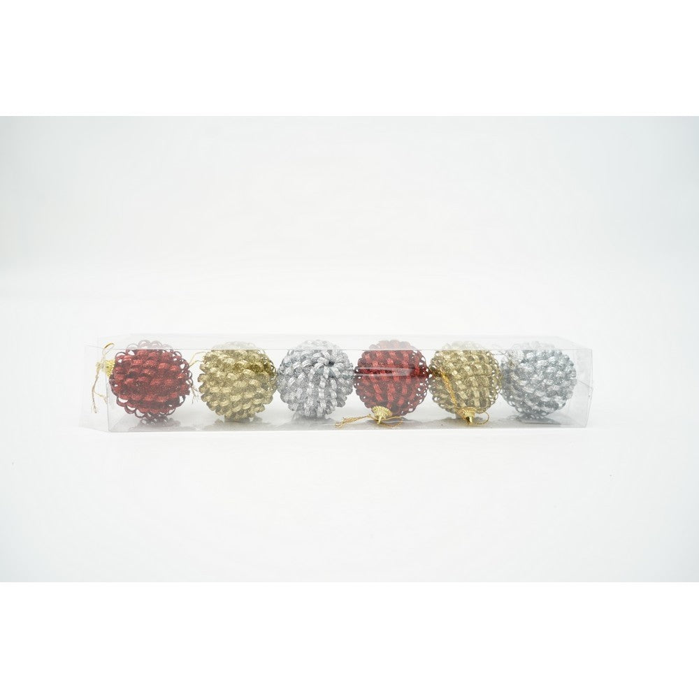 6 db-os karácsonyi díszkészlet, gömb alakú, 6 cm átmérőjű, fém, fényes felülettel, doboz méretei: 6 cm mélység x 34 cm hosszúság x 6 cm magasság