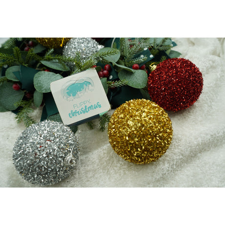 6 db-os karácsonyi díszkészlet, gömb alakú, 8 cm átmérőjű, polisztirol, csillámos bevonattal, doboz 16 cm magas x 24 cm hosszú x 8 cm mély