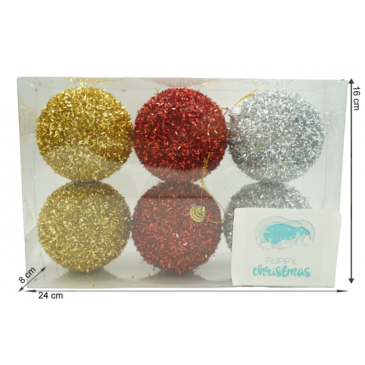 Set de 6  ornamente de brad, Vivimall, de tip Glob, Multicolor, cu ø de 8 cm, din polistiren, cu finisaj sclipitor , cutie  16  cm inaltime x 24  cm lungime x 8  cm adancime - vivimall.ro