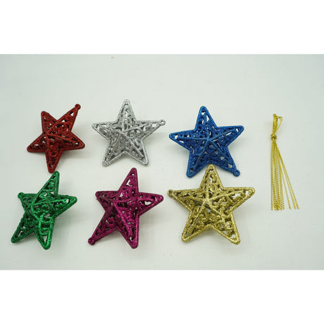 6 darabos karácsonyfadísz készlet, csillag alakú, műanyag, csillámos bevonattal, doboz 3 cm mélység x 31 cm hosszú x 9 cm magas