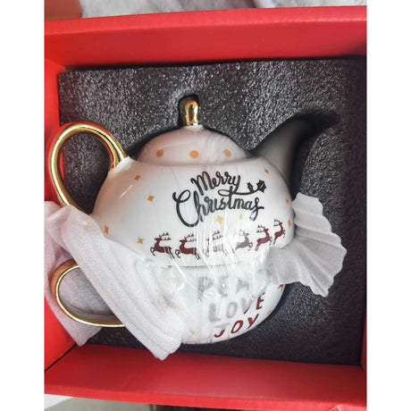 Set de Ceai, Vivimall, Tema Craciun, Ceainic 420 ml, Cana 310 ml, Farfurie, din Portelan, Model Mos Craciun, Alb, Resigilat - vivimall.ro