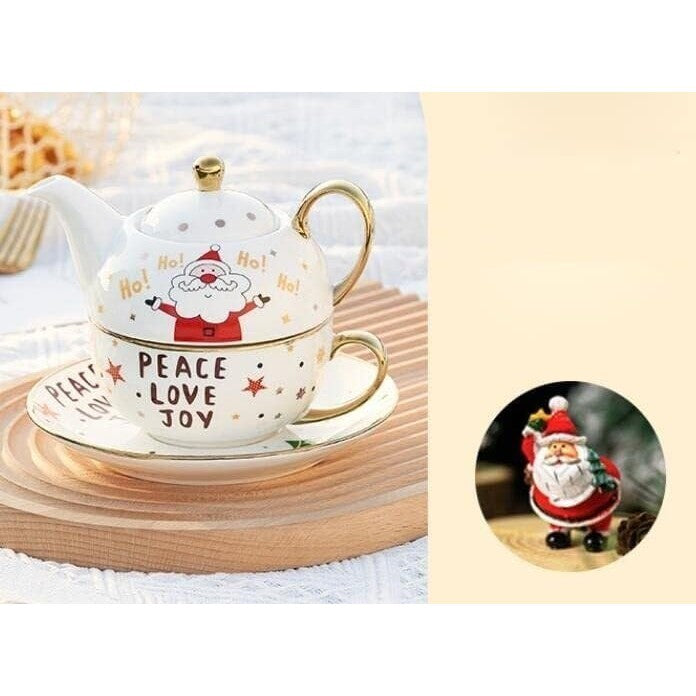 Set de Ceai, Vivimall, Tema Craciun, Ceainic 420 ml, Cana 310 ml, Farfurie, din Portelan, Model Mos Craciun, Alb, Resigilat - vivimall.ro