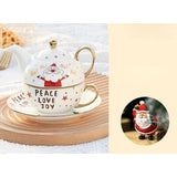 Set de Ceai, Vivimall, Tema Craciun, Ceainic 420 ml, Cana 310 ml, Farfurie, din Portelan, Model Mos Craciun, Alb, Resigilat - vivimall.ro