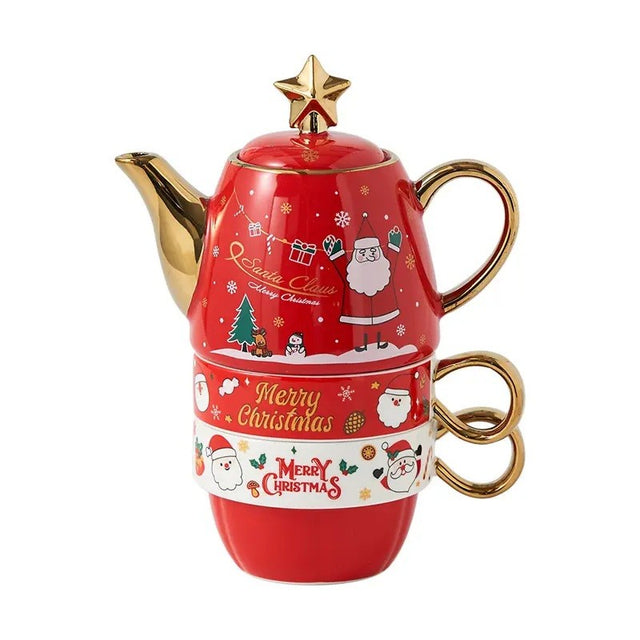 Set de Ceai, Vivimall, Tema Craciun, Ceainic 450 ml, 2 Cani 250 ml, Model Mos Craciun, Rosu/Auriu - vivimall.ro