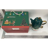 Set de Ceai, Flippy, Tema Craciun, Ceainic 450 ml, 2 x Cani 250 ml, din Ceramica, Model Brad, Verde/Turcoaz - vivimall.ro