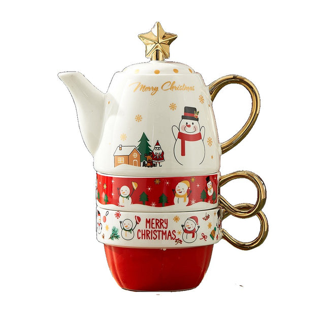 Set de Ceai, Vivimall, Tema Craciun, Ceainic 450 ml, 2 x Cani 250 ml, din Ceramica, Model Om de Zapada, Alb/Rosu - vivimall.ro