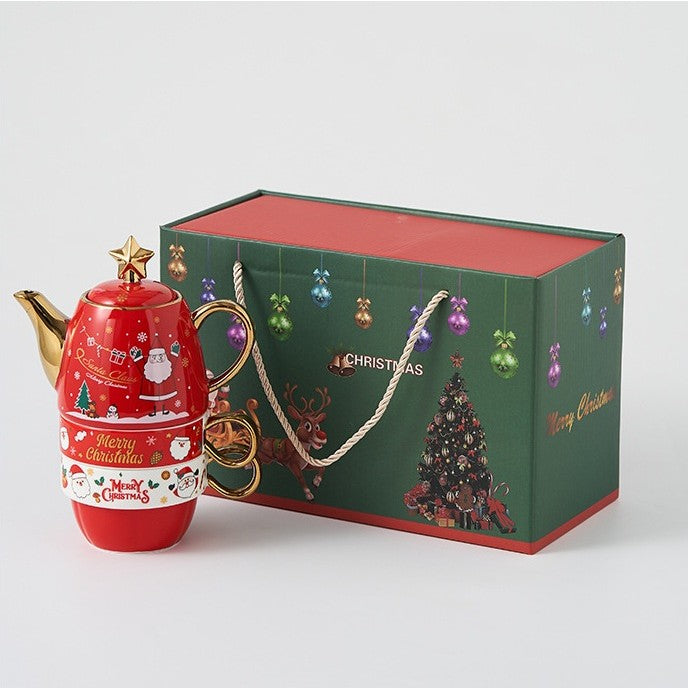Set de Ceai, Flippy, Tema Craciun, Ceainic 450 ml, 2 x Cani 250 ml, din Ceramica, Model Ren, Verde/Turcoaz - vivimall.ro