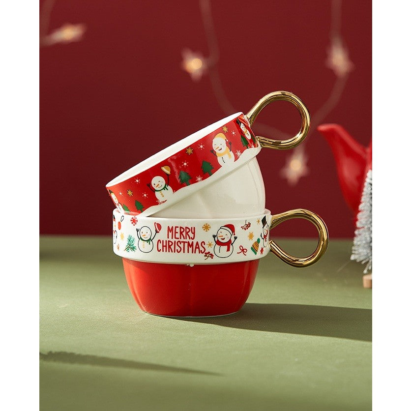 Set de Ceai, Vivimall, Tema Craciun, Ceainic 450 ml, 2 x Cani 250 ml, din Ceramica, Model Om de Zapada, Alb/Rosu - vivimall.ro