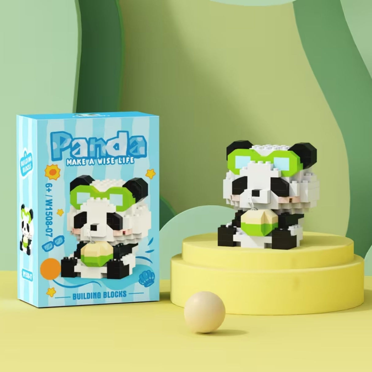 Set de Constructie, Flippy, Model Panda cu Suc de Cocos, 168 Piese, Model 3D, Jucarie Educativa STEM, +6 Ani, Plastic ABS, 7.8 x 4.1 x 11.3 cm, Albastru Deschis - vivimall.ro