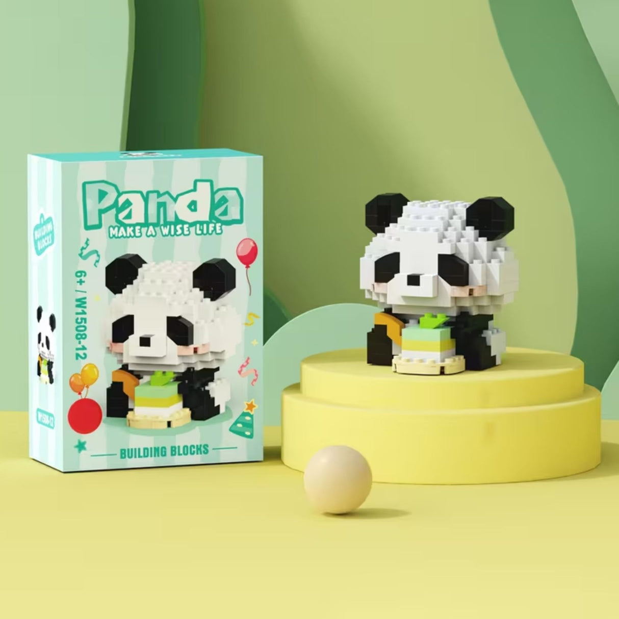 Model 3D asamblat Flippy Panda cu Tort, dimensiuni 7,8 x 4,1 x 11,3 cm, albastru pastel