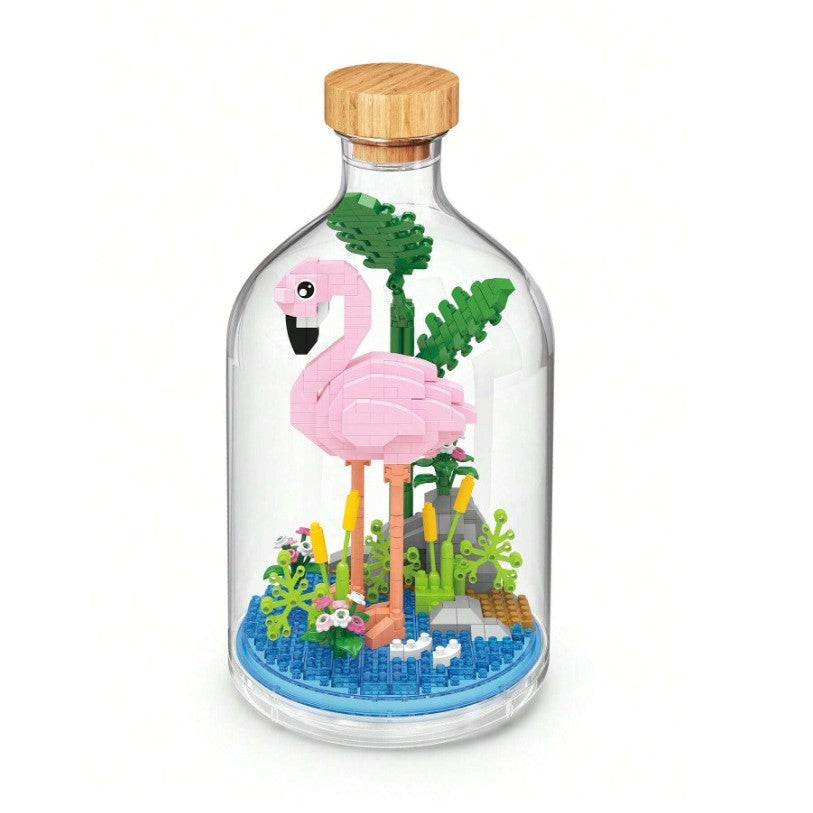 Set de construit în sticlă Flippy Flamingo, 485 piese plastic multicolor, vedere frontală cutie