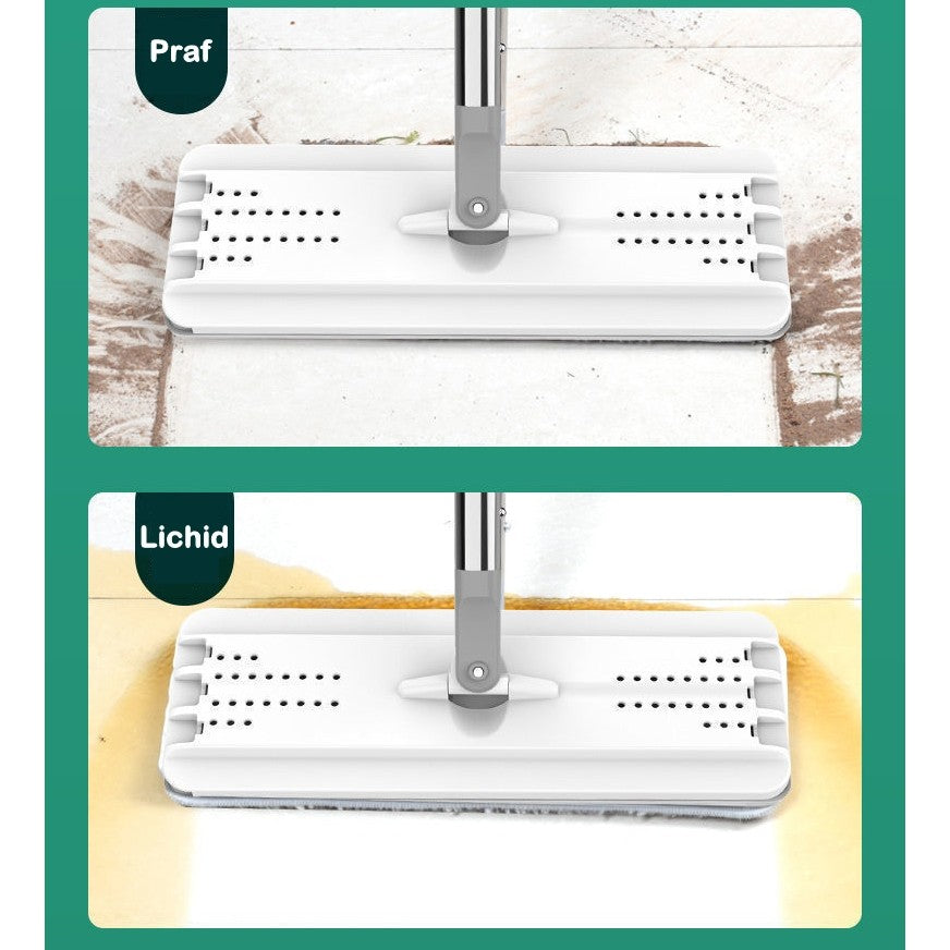 Set de curatenie Vivimall, mop si galeata, galeata 5.7 l, 4 rezerve microfibra incluse, design modern, pentru interior, material plastic, peri sintetici, plat, cu storcere, alb - vivimall.ro