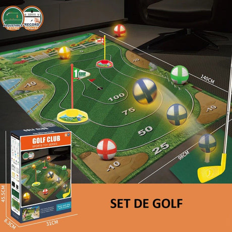 Set de Golf, Vivimall, Interactiune Parinte-Copil, Covor de Golf, 140 x 98 cm, 4 Mingii cu Scai, 3 Crose Reglabile, Model A, +3 Ani, Multicolor - vivimall.ro