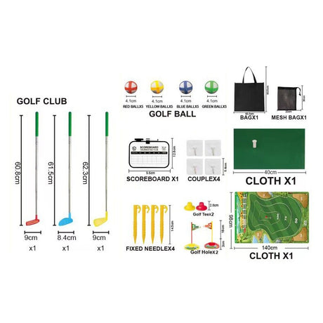 Set De Golf, Interactiune Parinte-Copil, Covor De Golf, 140 X 98 Cm, 4 Mingii Cu Scai, 3 Crose Reglabile, Model A, +3 Ani, Multicolor - vivimall.ro