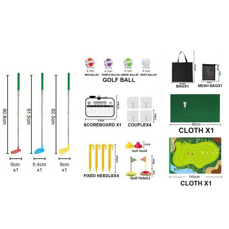 Set de Golf, Vivimall, Interactiune Parinte-Copil, Covor de Golf, 140 x 98 cm, 4 Mingii cu Scai, 3 Crose Reglabile, Model C, +3 Ani, Multicolor - vivimall.ro