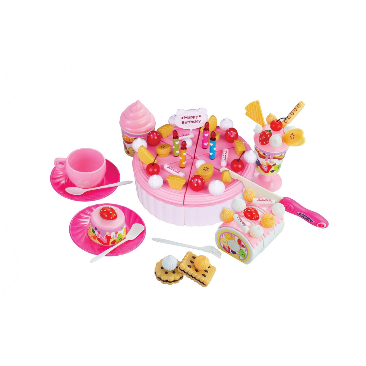 Set de joaca complet, tort aniversar si prajituri, 75 de elemente, ustensile din plastic, multicolor - vivimall.ro