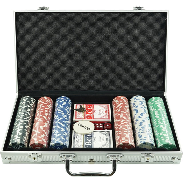 Set de Poker Complex cu 300 de jetoane Vivimall, Include 2 seturi de carti, 5 zaruri, Echipat cu servieta de aluminiu cu dimensiunile 39x7x27 cm - vivimall.ro