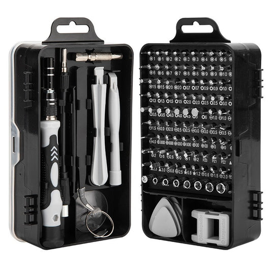 Set șurubelnițe de precizie 115-în-1 cromate, cutie neagră de transport 18x11x6 cm, vedere frontală