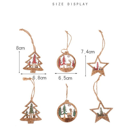 Set 6 Decoratiuni de Craciun din Lemn, Vivimall, cu Snur pentru Agatare in Brad, Model Brad, Glob si Steluta, Verde - vivimall.ro