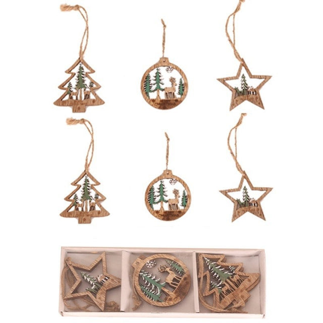 Set 6 Decoratiuni de Craciun din Lemn, Vivimall, cu Snur pentru Agatare in Brad, Model Brad, Glob si Steluta, Verde - vivimall.ro