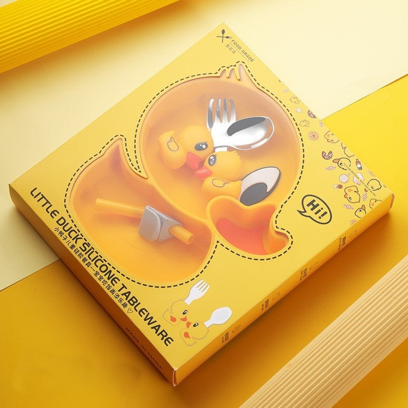 Set diversificare bebelusi Vivimall, din silicon, 20 x 17.5 cm, 1 farfurie compartimentata in forma de rata, lingurita si furculita, pai, perie pai, fara alergeni, ventuza fixare,  forma creativa,  galben - vivimall.ro