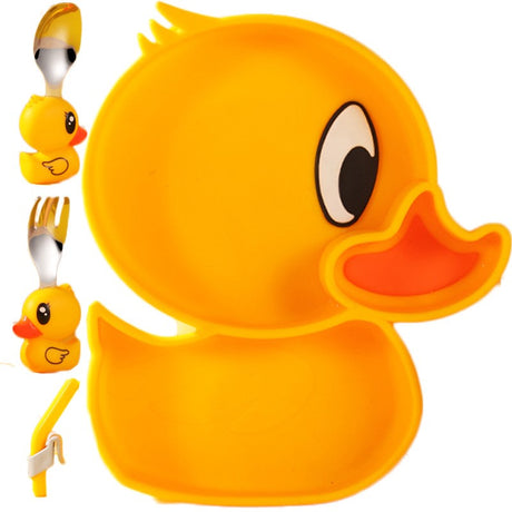 Set diversificare bebelusi Vivimall, din silicon, 20 x 17.5 cm, 1 farfurie compartimentata in forma de rata, lingurita si furculita, pai, perie pai, fara alergeni, ventuza fixare,  forma creativa,  galben - vivimall.ro