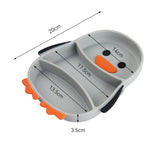 Set diversificare bebelusi Vivimall, din silicon, 23.5 x 12.5 cm, 1 farfurie compartimentata in forma de pinguin, lingurita si furculita, pai, perie pai, fara alergeni, ventuza fixare,  forma creativa,  gri - vivimall.ro