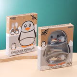 Set diversificare bebelusi Vivimall, din silicon, 23.5 x 12.5 cm, 1 farfurie compartimentata in forma de pinguin, lingurita si furculita, pai, perie pai, fara alergeni, ventuza fixare,  forma creativa,  gri - vivimall.ro