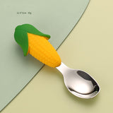 Set diversificare bebelusi Vivimall, din silicon, 23.5 x 12.5 cm, 1 farfurie compartimentata in forma de porumb, lingurita si furculita, pai, perie pai, fara alergeni, ventuza fixare,  forma creativa,  galben - vivimall.ro