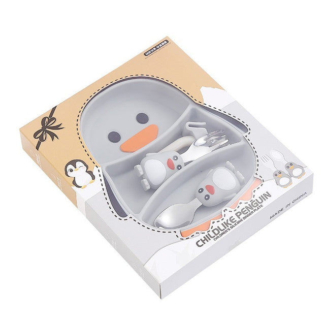 Set diversificare bebelusi Vivimall, din silicon, 23.5 x 12.5 cm, 1 farfurie compartimentata in forma de pinguin, lingurita si furculita, pai, perie pai, fara alergeni, ventuza fixare,  forma creativa,  gri - vivimall.ro