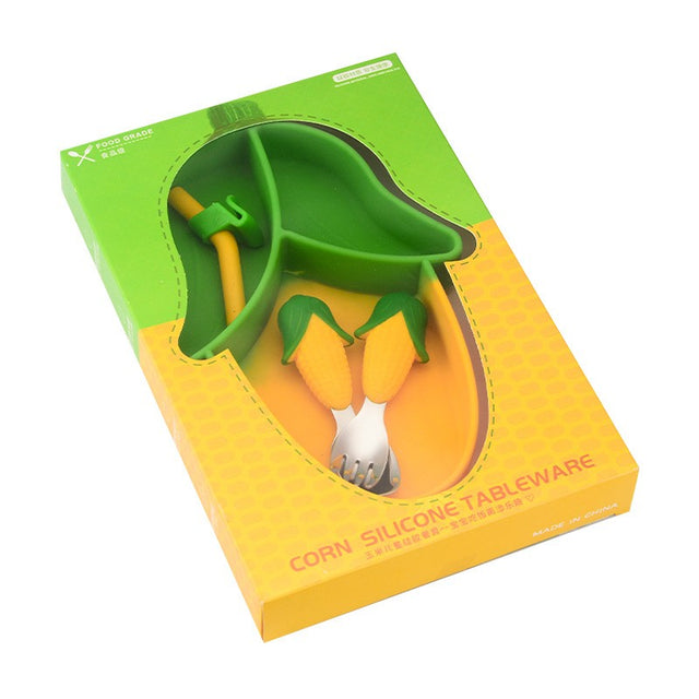 Set diversificare bebelusi Vivimall, din silicon, 23.5 x 12.5 cm, 1 farfurie compartimentata in forma de porumb, lingurita si furculita, pai, perie pai, fara alergeni, ventuza fixare,  forma creativa,  galben - vivimall.ro