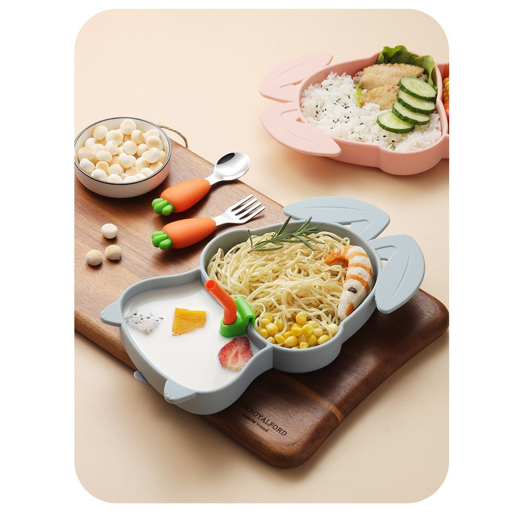 Set diversificare bebelusi Vivimall, din silicon, 26 x 15 cm, 1 farfurie compartimentata in forma de iepure, lingurita si furculita, pai, perie pai, fara alergeni, ventuza fixare,  forma creativa,  bleumarin - vivimall.ro