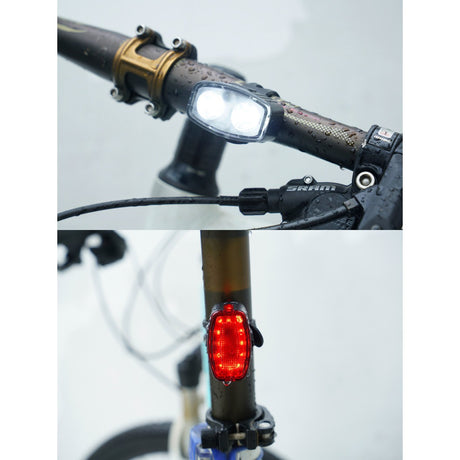 Set far si stop spate LED bicicleta, Vivimall, incarcare USB, rezistent la apa, 4 moduri de luminare, Plastic, Alb/Rosu, 10x6x4 cm - vivimall.ro