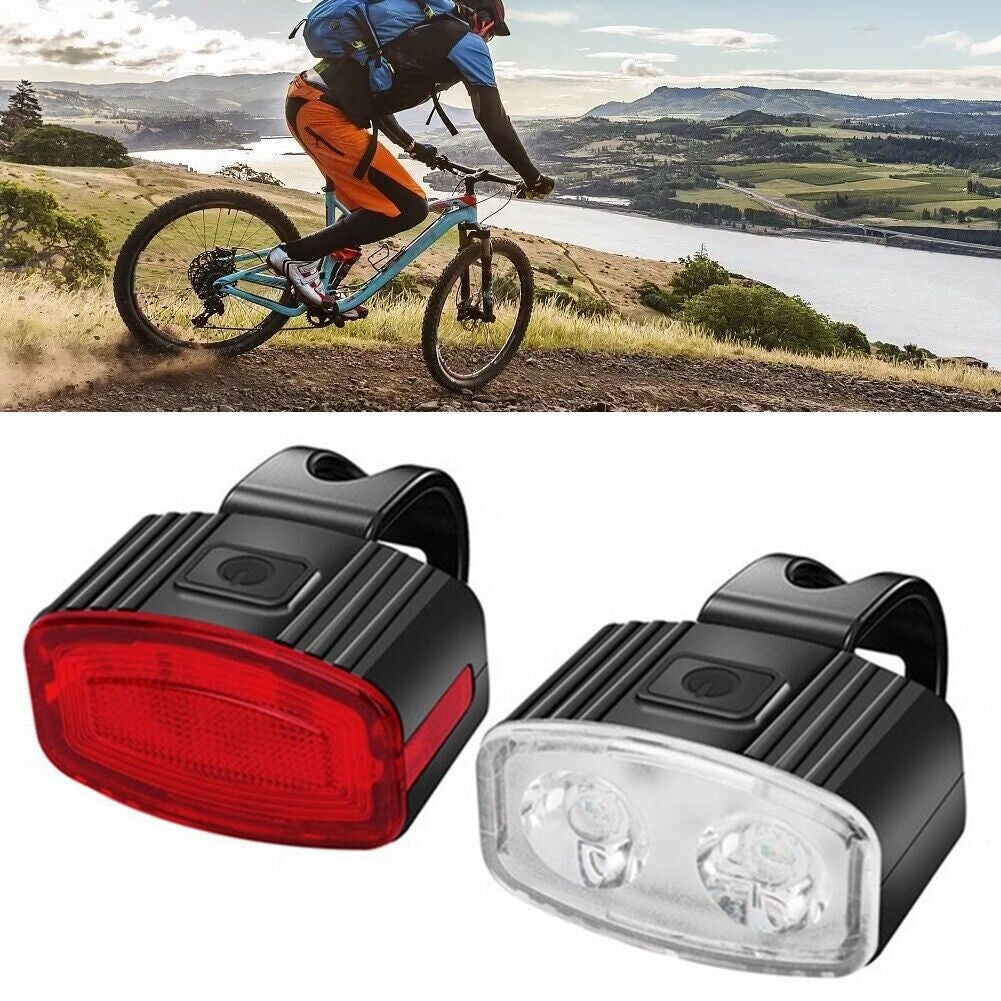 Set far si stop spate LED bicicleta, Vivimall, incarcare USB, rezistent la apa, 4 moduri de luminare, Plastic, Alb/Rosu, 10x6x4 cm - vivimall.ro