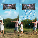 Set Gender Reveal, Vivimall, Balloon Drop Bag, din Plastic si Latex, 24 Baloane Roz si Albastru 13 cm, Sac pentru Baloane 60 x 120 cm, Multicolor - vivimall.ro