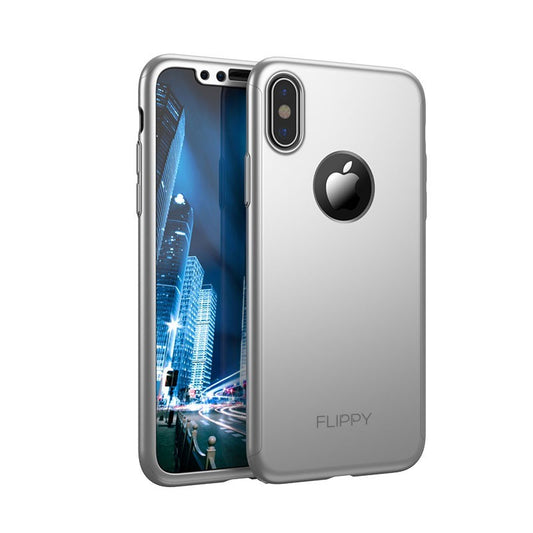 Set Husa si Folie de Protectie, Vivimall, Compatibila cu Apple iPhone X, Full Cover 360°, Plastic + Sticla, Argintiu - vivimall.ro