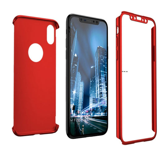 Set Husa si Folie de Protectie, Vivimall, Compatibila cu Apple iPhone X, Full Cover 360°, Plastic + Sticla, Rosu - vivimall.ro