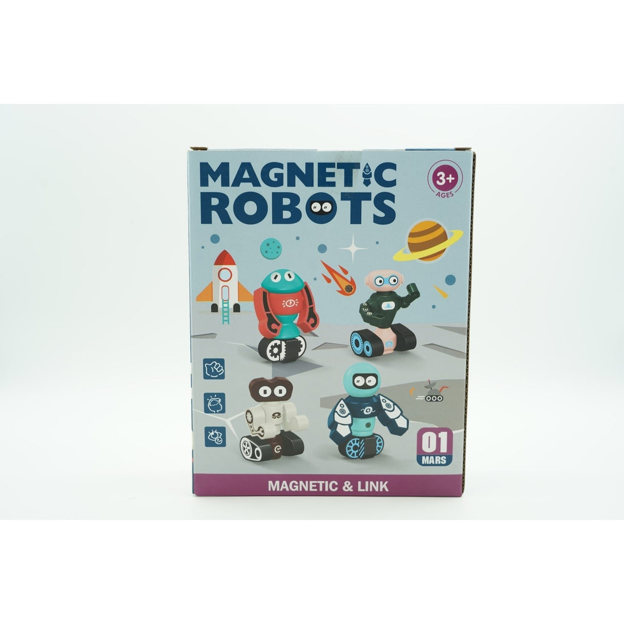 Set inteligent de blocuri magnetice pentru copii, 7 piese, cutie depozitare, robotel, albastru - vivimall.ro