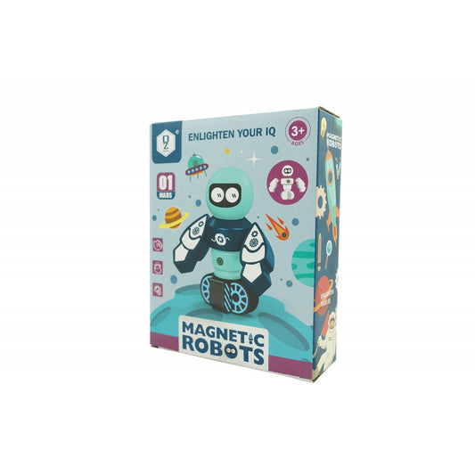 Set inteligent de blocuri magnetice pentru copii, 7 piese, cutie depozitare, robotel, albastru - vivimall.ro