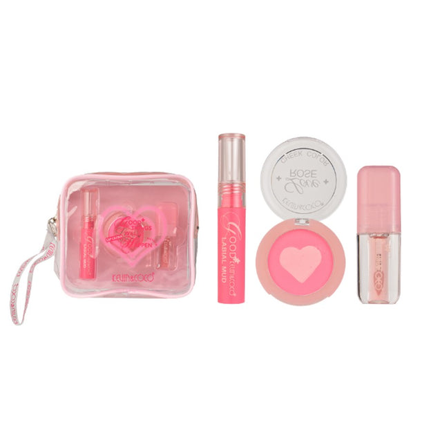 Set Machiaj Complet, Kevin&Coco, Trusa Machiaj Portabila, Mini Kit, 4 Articole Esentiale pentru Stralucire, Design Inima, Roz - vivimall.ro