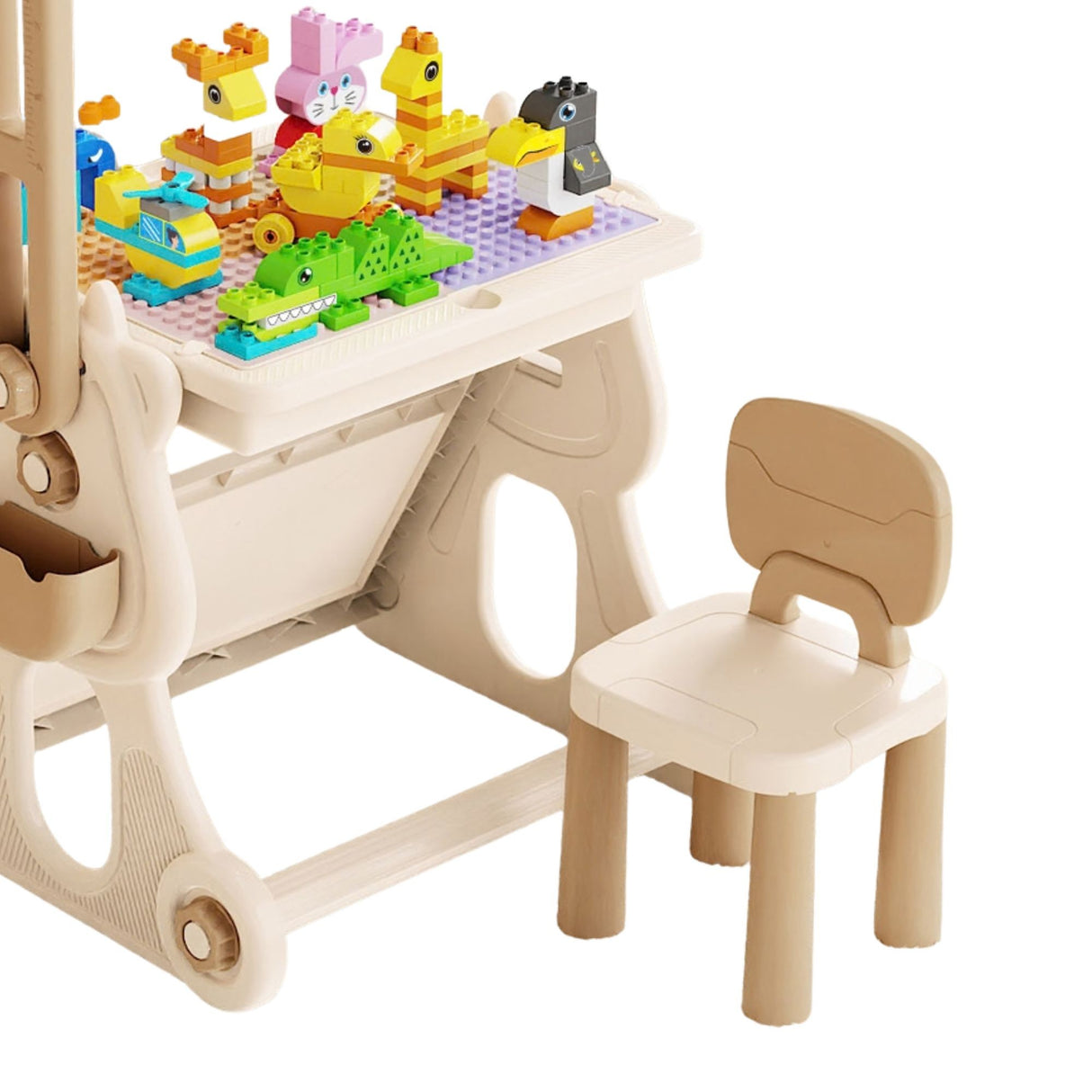 Suprafață de construcție compatibilă LEGO Duplo a măsuței Flippy, detaliu blat cu piese montate