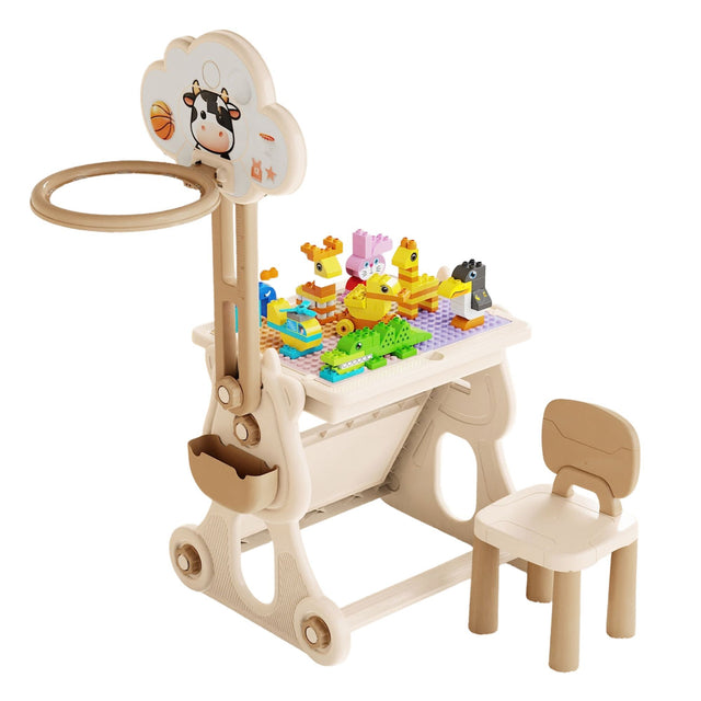 Măsuță educativă Flippy 4-în-1 cu scaun și coș baschet, culoare bej, vedere frontală completă